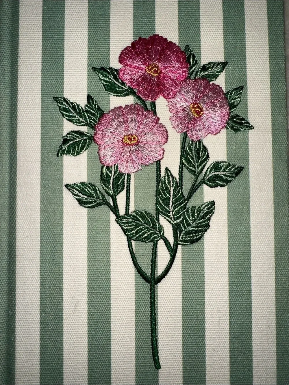 PS White Green Stripes Embroidered Pink Floral hard cover lined pages journal